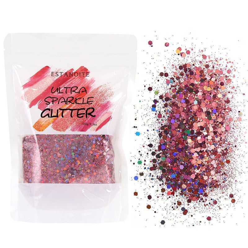 Estanoite 100g Holographic Chunky Glitter  Body Glitter for Makeup  Face  Hair  Lips  Nails  Craft Glitters for Arts & Crafts  Cosmetic Chunky Mixed Festival Glitter (Rose Pink) - Image 1